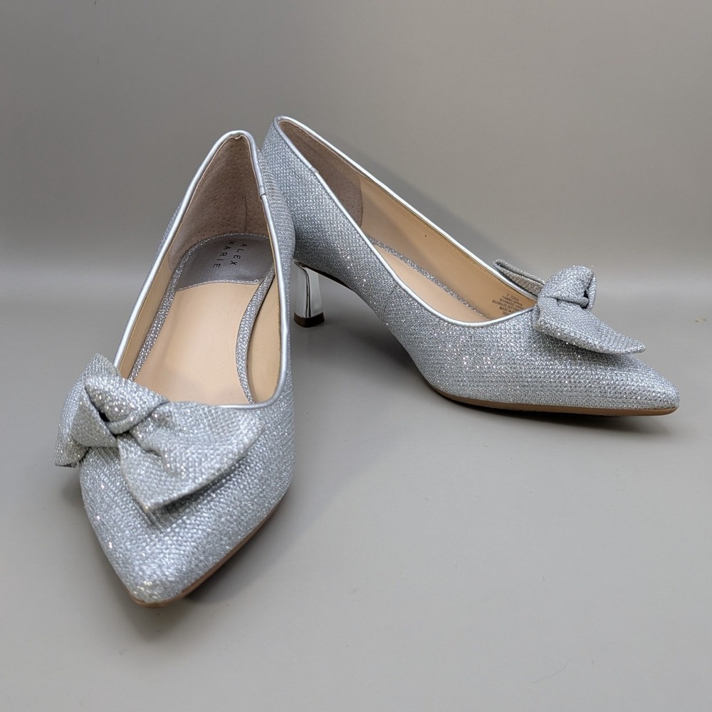 Alex Marie Silver Glitter Bow Pointed Toe Kitten Heel Pumps Womens Size 7.5M